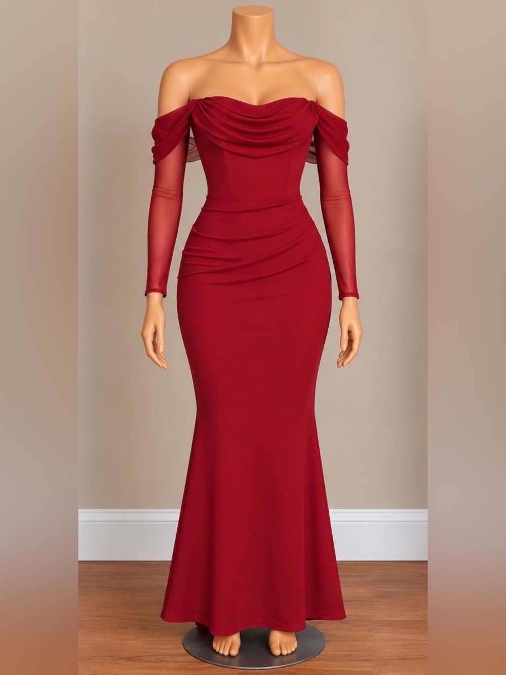 Wine Red Off Shoulder Corset Ruched Mesh Long Sleeve Formal Maxi Dress